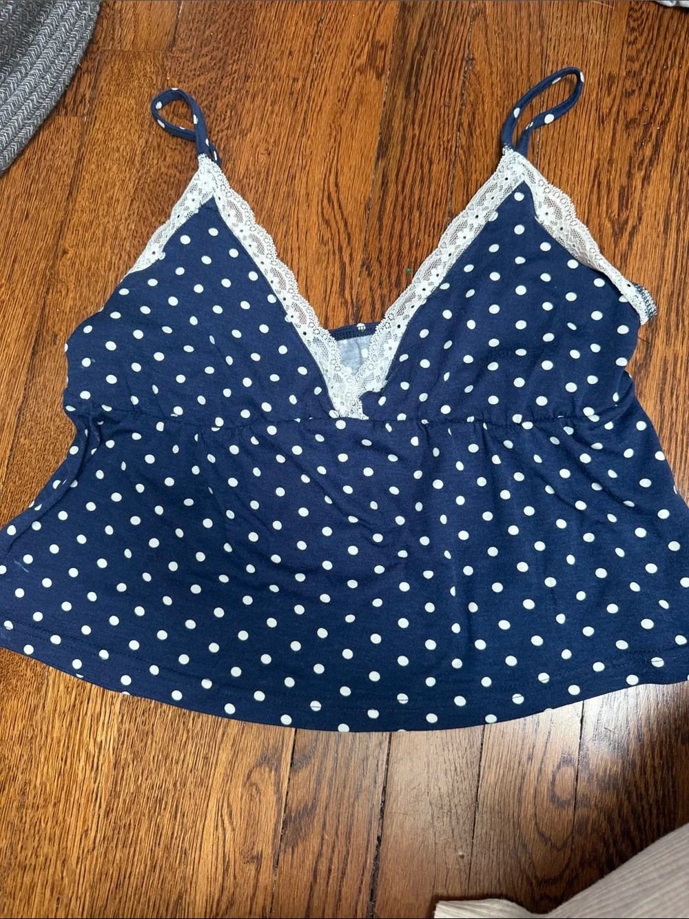Polka Dot Lace-Trim Navy Cami Top